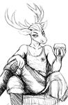  anthro antlers black_and_white cervine chair crossed_legs deer eyelashes glass hair half-closed_eyes hladilnik horn looking_at_viewer male mammal military monochrome smile 