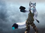  5_fingers anthro blue_nose breasts canine female fluffy fluffy_tail fur gun hair holding_object holding_weapon jay-kuro mammal ranged_weapon solo standing weapon white_fur white_hair wolf yellow_eyes 