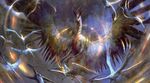  dragon feathered_wings feathers flying front_view group horn long_neck magic_the_gathering official_art ojutai seb_mckinnon size_difference solo_focus spread_wings wings 
