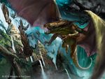  ambiguous_gender aven avian building chris_rallis death dragon falling fangs featureless_crotch feral flying magic_the_gathering membranous_wings official_art solo_focus spread_wings waterfall wings 