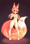  2016 animal_humanoid armpits big_tail blonde_hair breasts canine clothing female footwear fox fox_humanoid hair hi_res huge_tail humanoid inner_ear_fluff mammal navel nipples nude pigtails pussy red_eyes sandals slim slit_pupils small_breasts smile solo standing sub-res suzu_(sub-res) thick_thighs wide_hips 