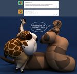  3d_(artwork) anthro anthroanim belly big_belly big_breasts breasts cobra digital_media_(artwork) duo english_text female fur giraffe hair huge_breasts hyper hyper_breasts jamila_queen_cobra kenja_giraffe mammal naga nipples nude obese overweight reptile scalie simple_background smile snake standing text wide_hips 