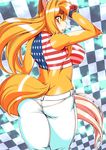  amakuchi big_breasts breasts canine clothing fluffy fluffy_tail fox foxy-rena hair long_hair looking_at_viewer mammal nipple_bulge pants red_eyes shirt star united_states_of_america 