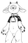  1_eye :&lt; anthro bell_collar black_and_white bottomless caprine clothed clothing collar crop_top featureless_crotch front_view goat hooved_fingers horn kigoh-neko male mammal medama_yagi monochrome navel nipples shirt solo standing 
