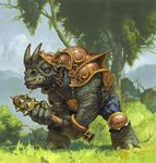  anthro armor front_view frown holding_object holding_weapon horn mace magic_the_gathering male mammal mark_zug melee_weapon muscular official_art outside rhinoceros signature solo standing tree weapon 