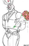  &lt;3 2015 5_fingers anthro belt biceps big_ears biped black_and_white blush bouquet bow_tie clothed clothing digital_media_(artwork) facial_piercing flower front_view hand_behind_back hi_res holding_flower holding_object kihu lagomorph lip_piercing long_ears looking_at_viewer male mammal monochrome muscular muscular_male one_eye_closed piercing plant portrait rabbit rocky_(bigmaster) romantic simple_background sketch smile solo spot_color standing three-quarter_portrait url white_background wink 