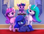  2017 banner blue_eyes blue_fur blue_hair book cosmic_hair cutie_mark detailed_background equine feathered_wings feathers female feral freckles friendship_is_magic fur group hair hooves horn inside looking_at_viewer mammal multicolored_hair my_little_pony open_mouth open_smile princess_cadance_(mlp) princess_celestia_(mlp) princess_luna_(mlp) purple_eyes purple_hair rodrigues404 smile twilight_sparkle_(mlp) winged_unicorn wings 