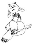  1_eye anthro anus backsack balls bell_collar black_and_white bottomless butt caprine clothed clothing collar crop_top goat hooves horn kigoh-neko looking_at_viewer looking_back lying male mammal medama_yagi monochrome on_side perineum shirt solo 