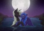  blue_hair dennyvixen duo equine eyes_closed fan_character feathered_wings feathers female feral friendship_is_magic hair hooves horn kissing male mammal my_little_pony night outside princess_luna_(mlp) sky star starry_sky unicorn water white_hair winged_unicorn wings 