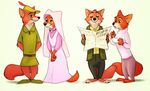 3_toes 4_fingers anthro barefoot black_nose canine claws clothed clothing comparison disney ear_piercing female fox fur hat jacket maid_marian male mammal modern newspaper pants pawpads piercing ritwell robin_hood robin_hood_(disney) shirt simple_background spoon sweater teacup toes 