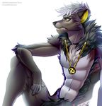  abs anthro canine fangs fur gold_(metal) gold_tooth hair jewelry male mammal necklace nude sitting solo sorafoxyteils teeth 