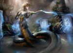  cynthia_sheppard female glowing inside magic magic_the_gathering naga official_art reptile runes scalie signature snake solo standing sultai temple 