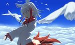  above_clouds absurdres bird black_hair blurry buttons cloud commentary_request day depth_of_field eyebrows_visible_through_hair frilled_sleeves frills fur_collar gradient_hair hand_on_own_chest head_wings highres japanese_crested_ibis_(kemono_friends) kemono_friends long_hair long_sleeves miniskirt multicolored_hair no_gloves open_mouth outdoors outstretched_arm red_hair red_skirt skirt sky tail_feathers tokoname white_hair yellow_eyes 