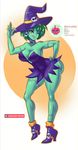  big_breasts breasts butt cleavage clothed clothing costume ear_piercing footwear green_skin high_heels magic_user not_furry one_eye_closed piercing red_eyes rottytops shoes stitches supersatanson transformation undead wink witch zombie 