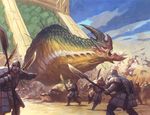  armor army battle building feral fight horn human magic_the_gathering mammal melee_weapon monster official_art open_mouth pointing polearm quadruped scalie size_difference steve_prescott weapon 