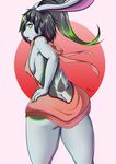  2017 anthro armpits bare_back big_butt breasts butt clothed clothing digital_media_(artwork) female fur green_eyes hair hellosummers hi_res lagomorph long_hair looking_at_viewer looking_back mammal open_mouth rabbit side_boob simple_background solo sweater tagme virgin_killer_sweater wassabi white_fur 