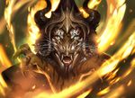  claws daarken demon fangs feline fire horn looking_at_viewer magic_the_gathering mammal official_art open_mouth pose rakshasa snarling solo tiger tusks whiskers 