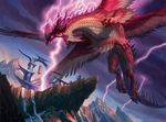  cliff dragon feathered_wings feathers featureless_crotch feral flying gate lightning low-angle_view magic_the_gathering mountain multi_wing official_art open_mouth ryan_pancoast scalie spines wings 