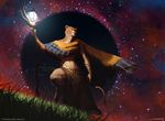  cape clothing feline female grass james_zapata lantern leonin lion low-angle_view magic_the_gathering mammal midriff navel night official_art outside signature sky solo staff standing star starry_sky 