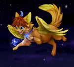  2016 blue_eyes brown_hair cat feathered_wings feathers feline feral flying hair mammal night paws reysi sky smile star starry_sky wings yellow_feathers 