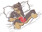 2016 anthro biped black_fur brown_fur bulge canine cigar clothed clothing digital_media_(artwork) dog floppy_ears fur hand_behind_head hand_on_stomach high-angle_view kuuipo lying male mammal multicolored_fur nevarrio on_back one_eye_closed pillow red_bottomwear red_clothing red_underwear rottweiler simple_background smoke smoking solo topless two_tone_fur underwear white_background 