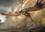  anthro armor aven avian beak bird building feathered_wings feathers flying jack_wang long_neck magic magic_the_gathering official_art solo spread_wings talons vulture winged_arms wings 