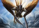  armor aven avian backlit beak bird bottomless clothed clothing cloudscape dual_wielding featureless_crotch flying front_view holding_object holding_weapon john_severin_brassell magic_the_gathering official_art saber signature sky talons url weapon winged_arms wings 