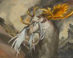  antlers dragon duo eating feathered_dragon feathers horn landscape lars_grant-west magic_the_gathering official_art sharp_teeth size_difference smoke teeth url 