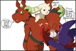  2017 annoyed anthro anus balls bent_over butt dialogue digimon english_text feral group guilmon impmon looking_back male narse presenting presenting_anus presenting_hindquarters scalie semi-anthro simple_background spread_anus spreading terriermon text white_background 