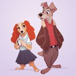  3_toes 4_fingers anthro anthrofied barefoot belt black_nose canine claws clothed clothing disney dog duo female fur jacket lady_(latt) lady_and_the_tramp male mammal pants pawpads ritwell simple_background skirt standing toes tramp 