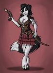  anthro black_hair black_nose blue_eyes border_collie breasts canine cleavage clothed clothing collie cutlass dog eyelashes female flintlock_pistol hair mammal melee_weapon mightymsmoka pirate ranged_weapon roxanne_smith standing sword weapon 