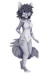 4_toes anthro breasts cat collar digitigrade featureless_breasts featureless_crotch feline female grey_hair hair mammal navel open_mouth purple_eyes reysi simple_background smile teeth toes tongue white_background 