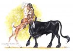  2009 animal_genitalia black_hair bovine braided_hair cervine cloven_hooves connychiwa eyes_closed hair hooves licking long_hair male male/male mammal muscular sheath size_difference spots taur tongue tongue_out white_hair 