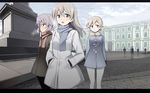  bangs black_coat blonde_hair blue_coat blue_eyes blue_scarf brave_witches city closed_mouth coat day eila_ilmatar_juutilainen glastonbury1966 hands_in_pockets light_smile long_hair looking_at_viewer multiple_girls nikka_edvardine_katajainen outdoors pantyhose parted_lips pink_scarf sanya_v_litvyak scarf short_hair silver_hair standing strike_witches white_coat world_witches_series 