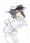  blue_eyes blue_hair blush breasts epaulettes female_admiral_(kantai_collection) folded_ponytail gloves gradient_hair hand_on_own_chin hat highres impossible_clothes jacket kagetsu_(tonoyayoi4) kantai_collection large_breasts leaning_forward long_sleeves military military_hat military_uniform multicolored_hair naval_uniform pants peaked_cap solo uniform upper_body white_gloves white_jacket white_pants 