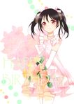  absurdres azuko_(ampenm) bad_id bad_pixiv_id black_hair bouquet bridal_gauntlets dress earrings elbow_gloves flower gloves hair_ribbon highres holding holding_bouquet jewelry long_hair looking_at_viewer love_live! love_live!_school_idol_project necklace pink_ribbon red_eyes ribbon smile solo thighhighs twintails wedding_dress white_gloves white_legwear yazawa_nico 