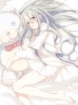  barefoot blouse blush brown_eyes eyebrows_visible_through_hair green_hair hair_between_eyes highres hiraga_matsuri long_hair looking_at_viewer lying on_side original parted_lips sketch skirt solo stuffed_animal stuffed_toy teddy_bear very_long_hair white_blouse white_skirt 