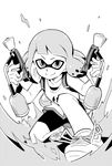  anbe_masahiro bangs bike_shorts blunt_bangs closed_mouth commentary domino_mask dual_wielding full_body greyscale halftone highres holding ink_tank_(splatoon) inkling looking_at_viewer mask monochrome one_knee paint_splatter shoes short_hair smile sneakers solo splat_dualies_(splatoon) splatoon_(series) splatoon_2 tank_top tentacle_hair 
