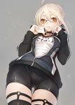  ahoge artoria_pendragon_(all) baozi bike_shorts black_choker blonde_hair blush cameltoe choker fate/grand_order fate_(series) food from_below garters glasses gym_shirt highres looking_at_viewer looking_down mysterious_heroine_x_(alter) name_tag parted_lips semi-rimless_eyewear shirt sketch solo taishi_(picchiridou) thigh_gap thighhighs thighs translated yellow_eyes 