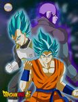  absurdres armor aura black_bodysuit blue_eyes blue_hair bodysuit boots brown_eyes clenched_hands clenched_teeth colored_eyelashes copyright_name dougi dragon_ball dragon_ball_super gloves hand_up highres hit_(dragon_ball) logo looking_at_viewer looking_away looking_back looking_down magna_neko male_focus multiple_boys muscle purple_skin serious son_gokuu space spiked_hair super_saiyan super_saiyan_blue teeth vegeta white_footwear white_gloves widow's_peak wristband 