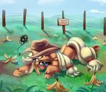  2017 angry applejack_(mlp) blonde_hair cloud cowboy_hat earth_pony english_text equine female fence feral friendship_is_magic grass green_eyes hair hat horse landscape looking_at_viewer mammal my_little_pony outside pony sign sky solo text thediscorded 