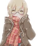  artoria_pendragon_(all) blonde_hair blush fate/grand_order fate_(series) glasses hiro_(hirohiro31) jacket looking_at_viewer mysterious_heroine_x_(alter) plaid plaid_scarf scarf scarf_over_mouth semi-rimless_eyewear short_hair simple_background solo under-rim_eyewear yellow_eyes 