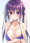  1girl areola_slip areolae armpit_crease bangs bare_arms bare_shoulders bikini blue_bikini blush breast_hold breasts cleavage closed_mouth collarbone commentary_request embarrassed gochuumon_wa_usagi_desu_ka? hair_between_eyes hair_ornament hairclip halter_top halterneck kurou_(quadruple_zero) large_breasts long_hair looking_at_viewer plaid plaid_bikini purple_eyes purple_hair sidelocks solo swimsuit tedeza_rize twintails upper_body wavy_mouth 