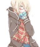  artoria_pendragon_(all) blonde_hair blush box fate/grand_order fate_(series) glasses heart-shaped_box hiro_(hirohiro31) jacket looking_at_viewer mysterious_heroine_x_(alter) plaid plaid_scarf scarf semi-rimless_eyewear short_hair simple_background solo under-rim_eyewear valentine yellow_eyes 