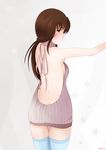  backless_dress backless_outfit bangs bare_back blue_legwear breasts brown_eyes brown_hair butt_crack cowboy_shot d.va_(overwatch) dress facepaint facial_mark grey_background grey_sweater halterneck headphones highres iwakura_patan light_smile long_hair looking_at_viewer looking_back medium_breasts meme_attire naked_sweater outstretched_arm overwatch profile ribbed_sweater shoulder_blades sideboob sideways_glance sleeveless solo star sweater sweater_dress swept_bangs thigh_gap thighhighs turtleneck turtleneck_sweater virgin_killer_sweater whisker_markings white_background 