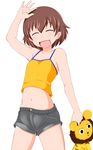  1girl blush brown_hair eyes_closed freckles girls_und_panzer groin midriff navel short_shorts shorts smile solo tanaka_rikimaru tsuchiya_(girls_und_panzer) 