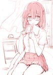  bangs blush book curtains eyebrows_visible_through_hair glasses hair_between_eyes hair_ornament half-closed_eyes hiraga_matsuri holding holding_book indoors legs_together looking_at_viewer monochrome open_book original parted_lips pleated_skirt shirt short_sleeves sitting sketch skirt smile solo 