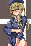  alternate_costume ar_(lover_boy) blonde_hair blue_eyes breasts commentary_request cosplay embarrassed graf_zeppelin_(kantai_collection) hair_between_eyes hat highres kantai_collection large_breasts long_hair looking_at_viewer military military_hat military_uniform panties pantyshot solo undersized_clothes underwear uniform z1_leberecht_maass_(kantai_collection) z1_leberecht_maass_(kantai_collection)_(cosplay) 