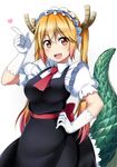  bangs blonde_hair blush breasts cowboy_shot dragon_girl dragon_horns dragon_tail dress gloves hand_on_hip heart horns kobayashi-san_chi_no_maidragon large_breasts long_hair looking_at_viewer maid maid_headdress necktie open_mouth red_eyes red_neckwear sash scales shiimai short_sleeves simple_background slit_pupils solo standing tail tooru_(maidragon) twintails white_background white_gloves 
