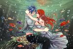  1girl belt blue_hair breasts brown_eyes bubble dress erza_scarlet eye_contact eyebrows_visible_through_hair fairy_tail fish from_side grey_dress groin highres hug jellal_fernandes large_breasts leonstar long_hair looking_at_another red_hair spiked_hair strapless strapless_dress tattoo underwater 